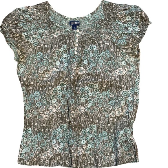 Izod Womens Floral Smocked Blouse M Multicolor Short Sleeve Button-Front Lightwe - Picture 5 of 5